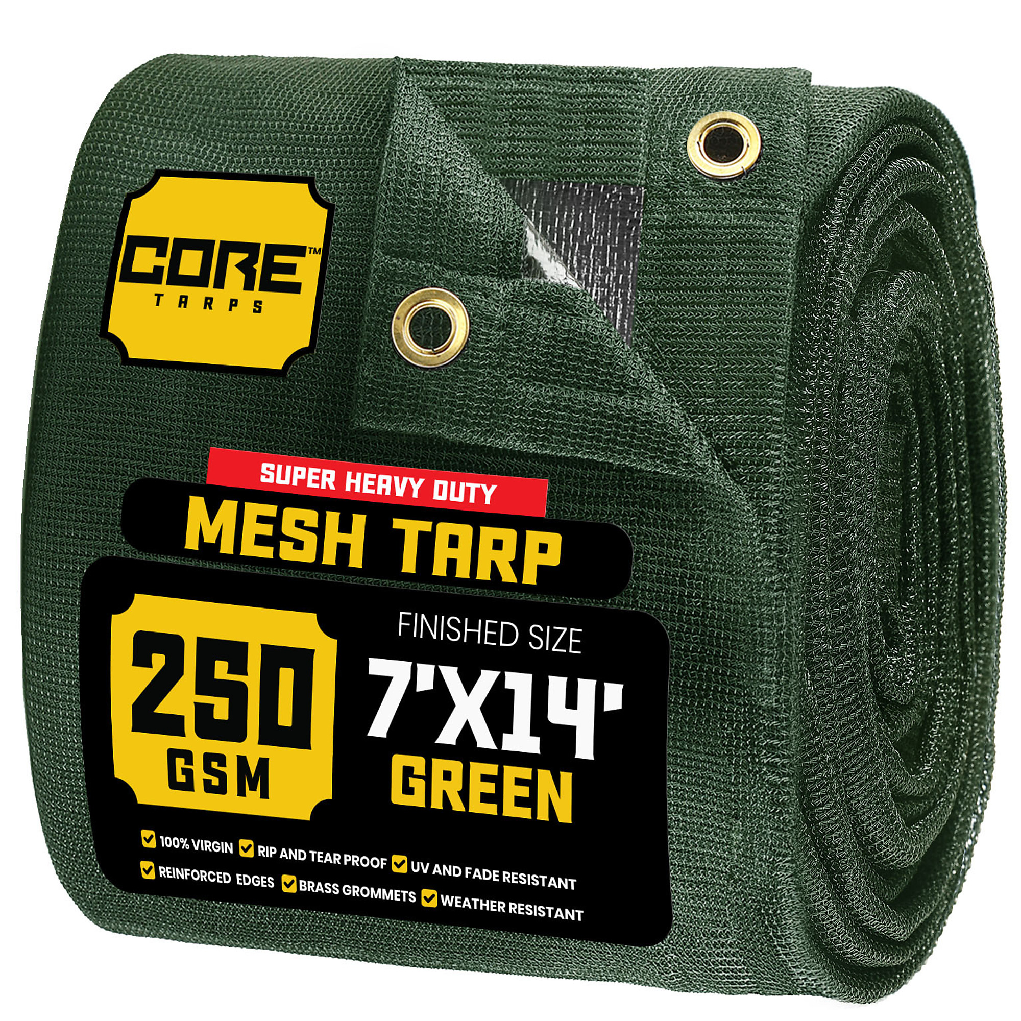 Core Tarps Heavy Duty Mesh Tarp — 7ft. x 14ft., 250 GSM, 7.5 Oz., Virgin Polyethylene, Green, Model# CT-803-7X14